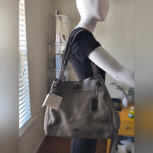 Coach Handbags - Coach Edie Pebbled Leather Chain Tote – Light Beige- Silver Hardware